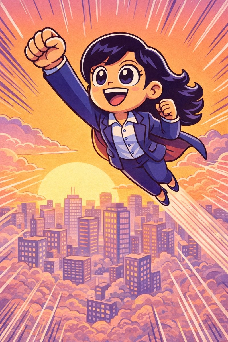 Cartoon her flying over the city