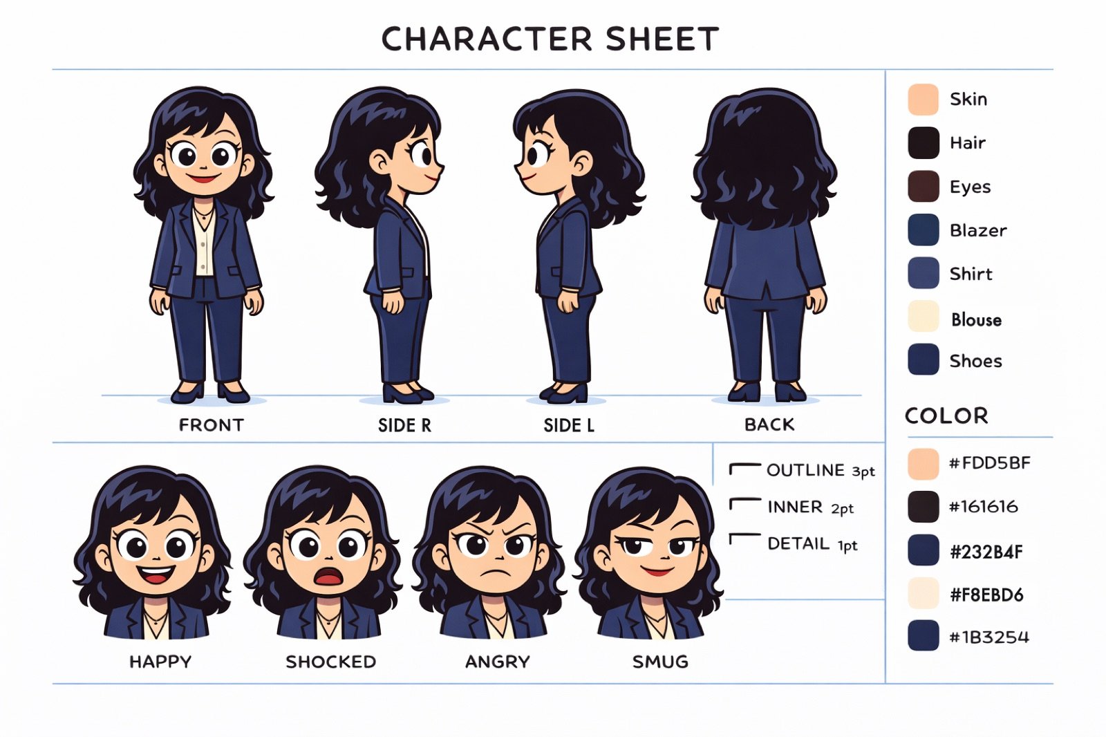 Her cartoon character sheet: front, sides, back, four expressions and colour codes